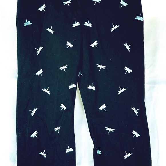 âDragonfly in Amber:â Women Black Capri w/Blue Dragonflies - Picture 1 of 3
